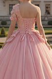 Ball Gown Pink One Shoulder Appliqued Quinceanera Dress