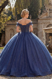Off the Shoulder Ball Gown Navy Glitter Princess Quinceanera Dress