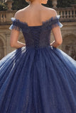 Off the Shoulder Ball Gown Navy Glitter Princess Quinceanera Dress