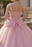 Pink Ball Gown One Shoulder Appliqued Ruched Quinceanera Dress
