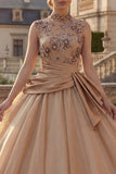 Champagne Ball Gown High Neck Ruched Princess Quinceanera Dress
