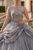Light Grey One Shoulder Ball Gown Ruched Appliqued Quinceanera Dress