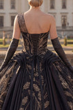 One Shoulder Black Ball Gown Appliqued Quinceanera Dress