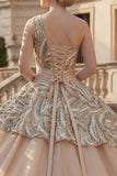 Sparkly Champagne Ball Gown One Shoulder Sequins Quinceanera Dress
