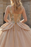 Sparkly One Shoulder Sequins Ball Gown Champagne Quinceanera Dress