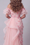 Off The Shoulder Pink Ruffled Pageant Dress with Side Cape