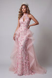 Halter Pink Ruffled Open Back Mermaid Pageant Dress