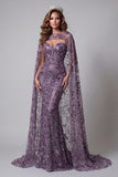 Purple Mermaid Sequin Pageant Dress with Cape