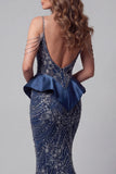 Cold Shoulder Navy Sequin Mermaid Pageant Dress