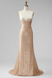 Sparkly Champagne Ruched Beaded Sequin Mermaid V-Neck Long Pageant Dress