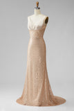 Sparkly Champagne Ruched Beaded Sequin Mermaid V-Neck Long Pageant Dress