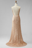 Sparkly Champagne Ruched Beaded Sequin Mermaid V-Neck Long Pageant Dress