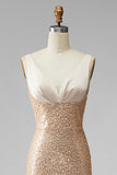Sparkly Champagne Ruched Beaded Sequin Mermaid V-Neck Long Pageant Dress