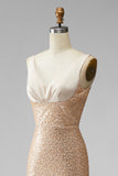 Sparkly Champagne Ruched Beaded Sequin Mermaid V-Neck Long Pageant Dress