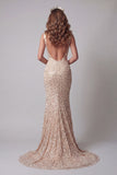 Champagne Sequin Mermaid V Neck Pageant Dress
