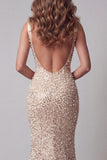 Champagne Sequin Mermaid V Neck Pageant Dress