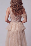 One Shoulder Champagne Sequin Mermiad Pageant Dress with Cape