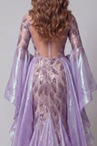 Sparkly Lavender Flare Sleeves Mermaid Long Beaded Pageant Dress