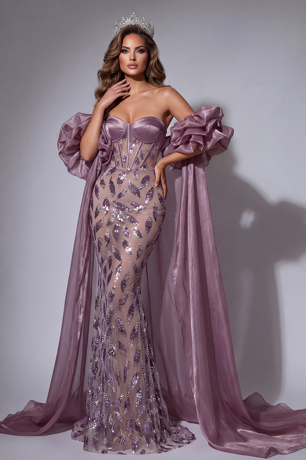 Sparkly Vintage Mauve Corset Mermaid Long Beaded Ruffled Pageant Dress with Cape
