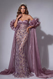 Sparkly Vintage Mauve Corset Mermaid Long Beaded Ruffled Pageant Dress with Cape
