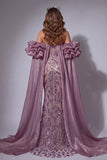 Sparkly Vintage Mauve Corset Mermaid Long Beaded Ruffled Pageant Dress with Cape