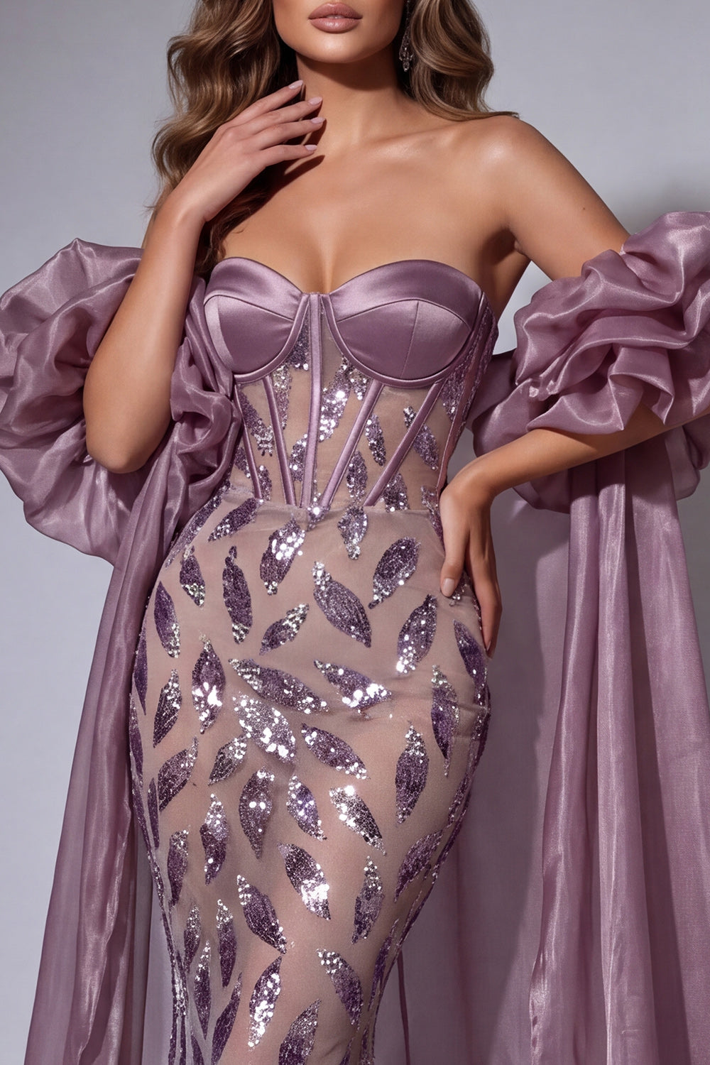 Sparkly Vintage Mauve Corset Mermaid Long Beaded Ruffled Pageant Dress with Cape
