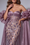 Sparkly Vintage Mauve Corset Mermaid Long Beaded Ruffled Pageant Dress with Cape