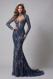 Sparkly Navy Open Back High Neck Mermaid Long Beaded Pageant Dress