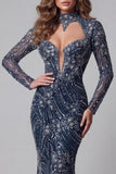 Sparkly Navy Open Back High Neck Mermaid Long Beaded Pageant Dress