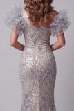 Sparkly Silver Long Mermaid One Shoulder Beaded Pageant Dress with 3D Flowers