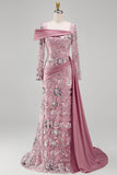 Sparkly Pink Long Sleeves Mermaid Beaded Floral Pageant Dress with Side Cape