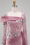 Sparkly Pink Long Sleeves Mermaid Beaded Floral Pageant Dress with Side Cape