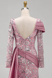 Sparkly Pink Long Sleeves Mermaid Beaded Floral Pageant Dress with Side Cape