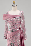 Sparkly Pink Long Sleeves Mermaid Beaded Floral Pageant Dress with Side Cape