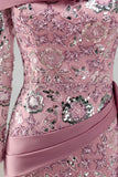 Sparkly Pink Long Sleeves Mermaid Beaded Floral Pageant Dress with Side Cape