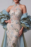 Sparkly Champagne Mermaid Ruffled Beaded Floral Long Pageant Dress with Cape