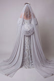 Sparkly Silver Beaded Mermaid Floral Long Spaghetti Straps Pageant Dress with Cape