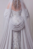 Sparkly Silver Beaded Mermaid Floral Long Spaghetti Straps Pageant Dress with Cape