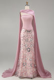 Sparkly Pink Strapless Mermaid Long Beaded Floral Pageant Dress with Cape