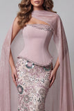 Sparkly Pink Strapless Mermaid Long Beaded Floral Pageant Dress with Cape