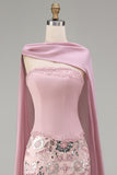 Sparkly Pink Strapless Mermaid Long Beaded Floral Pageant Dress with Cape