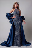 Sparkly Navy Ruffled Mermaid Long Beaded Pageant Dress with Cape