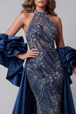 Sparkly Navy Ruffled Mermaid Long Beaded Pageant Dress with Cape