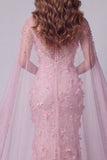 Sparkly Pink Mermaid Boat Neck Floral Beaded Long Pageant Dress with Cape