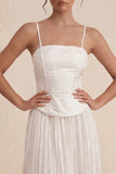 White Spaghetti Straps A Line Pleated Long Graduation Dress with Appliques
