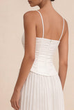 White Spaghetti Straps A Line Pleated Long Graduation Dress with Appliques