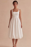 White Square Neck A Line Midi Graduation Dress