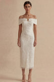 White Off the Shoulder Bodycon Midi Graduation Dress with Pearls