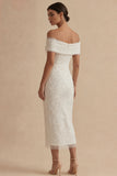 White Off the Shoulder Bodycon Midi Graduation Dress with Pearls