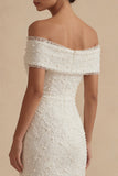 White Off the Shoulder Bodycon Midi Graduation Dress with Pearls